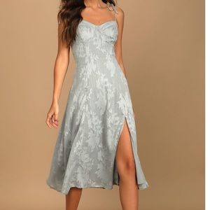 Lulus Loveliest Looks Dusty Blue Floral Jacquard Tie-Strap Midi Dress